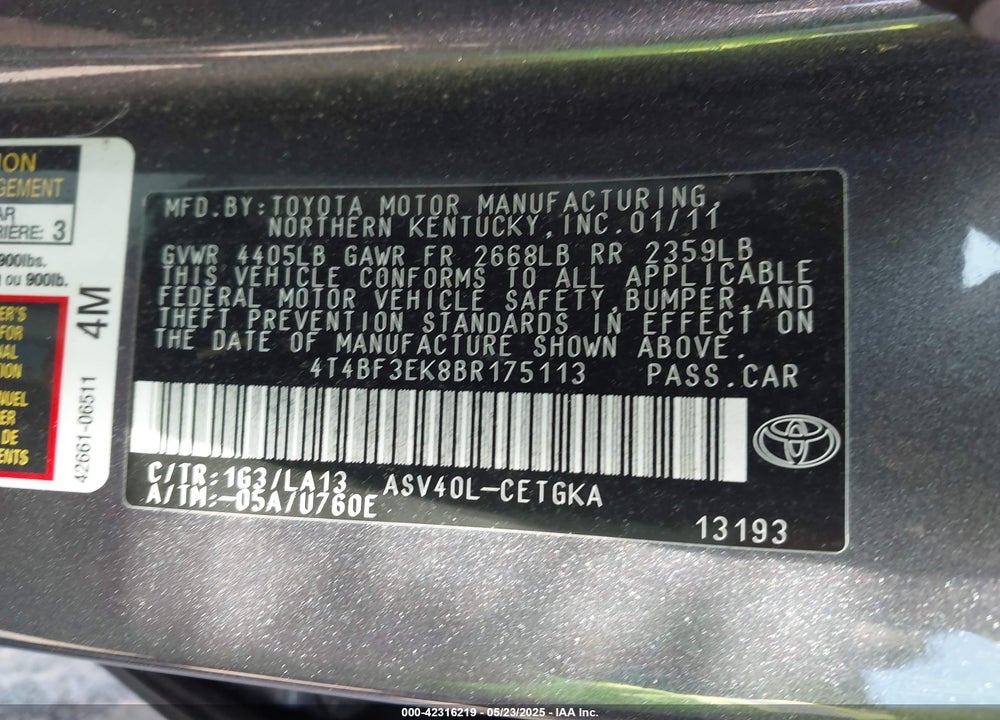 2011 TOYOTA CAMRY XLE VIN: 4T4BF3EK8BR175113
