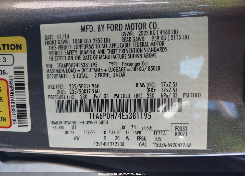 2014 FORD FUSION VIN: 1FA6P0H74E5381195