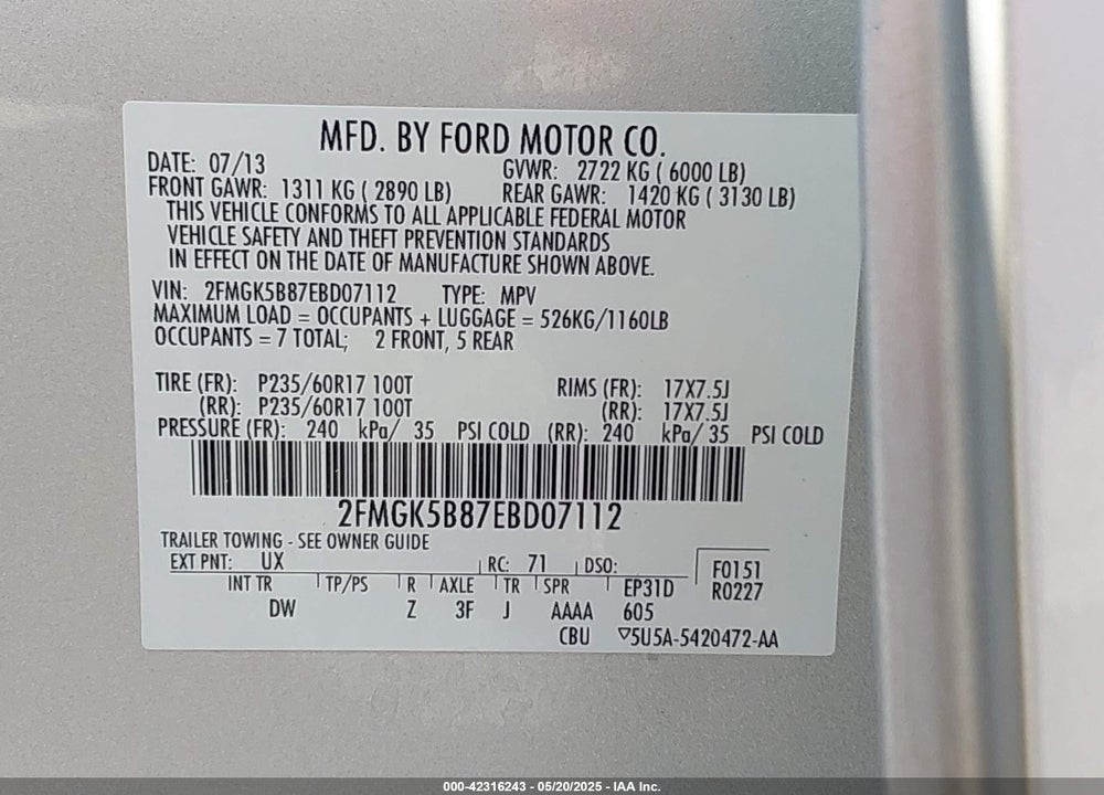 2014 FORD FLEX SE VIN: 2FMGK5B87EBD07112