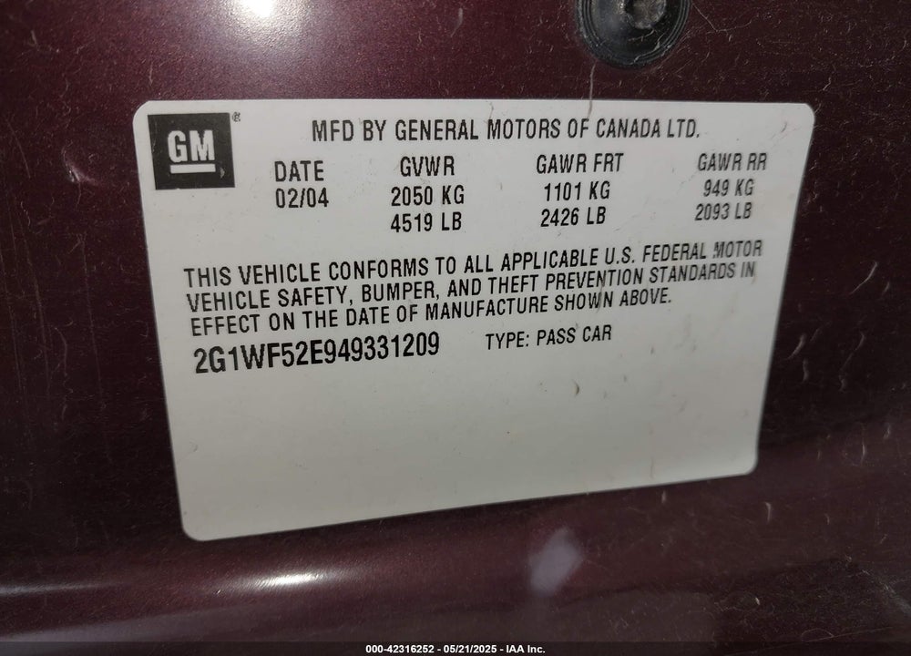 2004 CHEVROLET IMPALA VIN: 2G1WF52E949331209