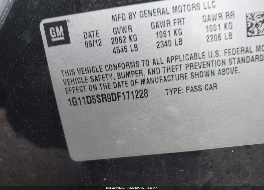 2013 CHEVROLET MALIBU VIN: 1G11D5SR9DF171228