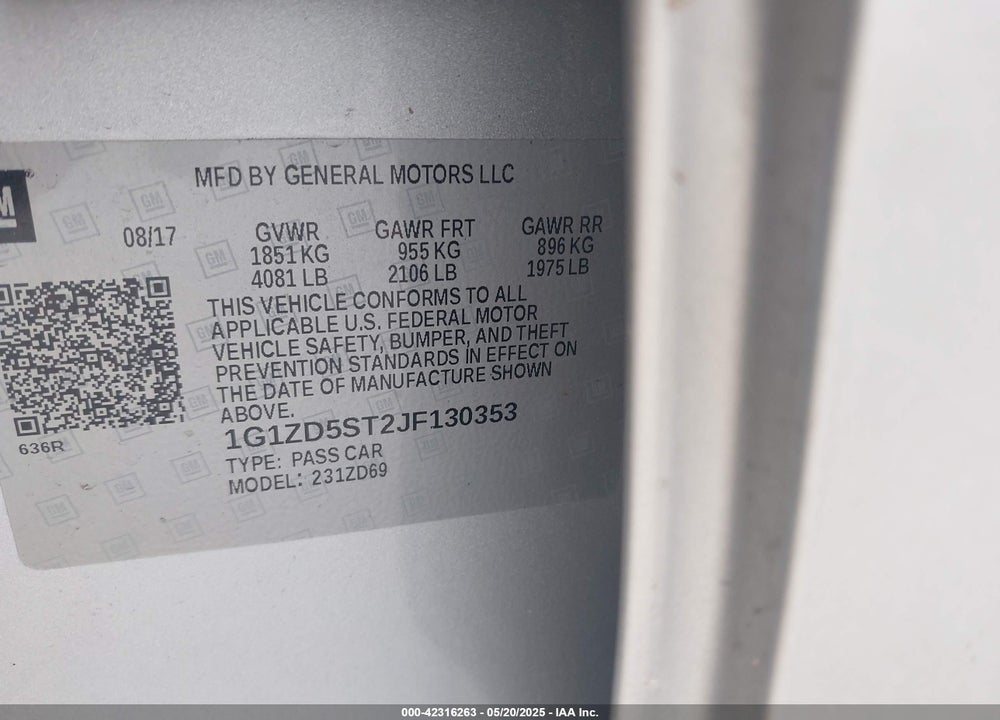 2018 CHEVROLET MALIBU LT VIN: 1G1ZD5ST2JF130353