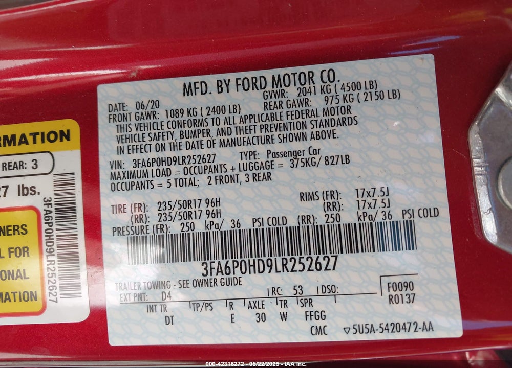2020 FORD FUSION SE VIN: 3FA6P0HD9LR252627