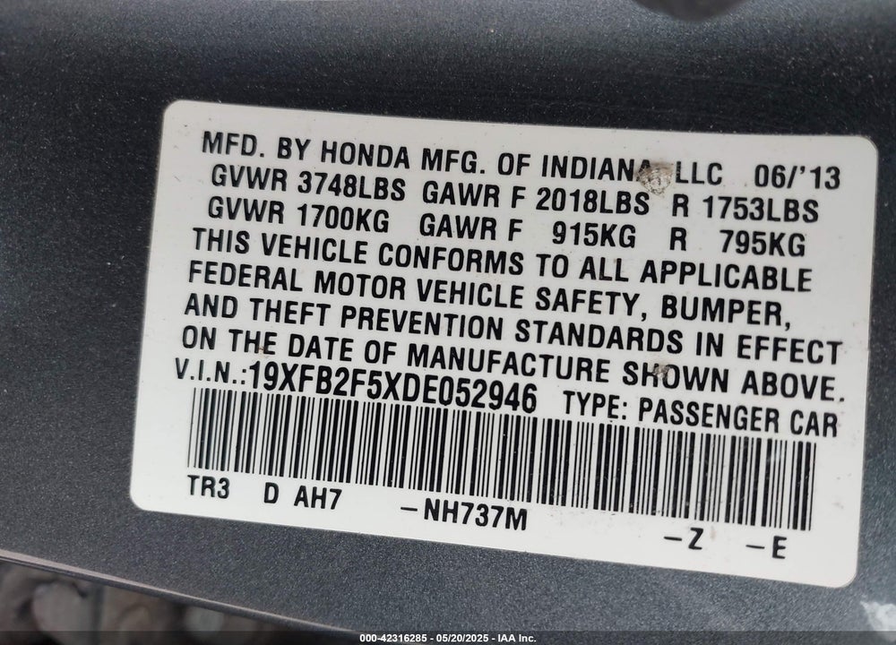 2013 HONDA CIVIC VIN: 19XFB2F5XDE052946