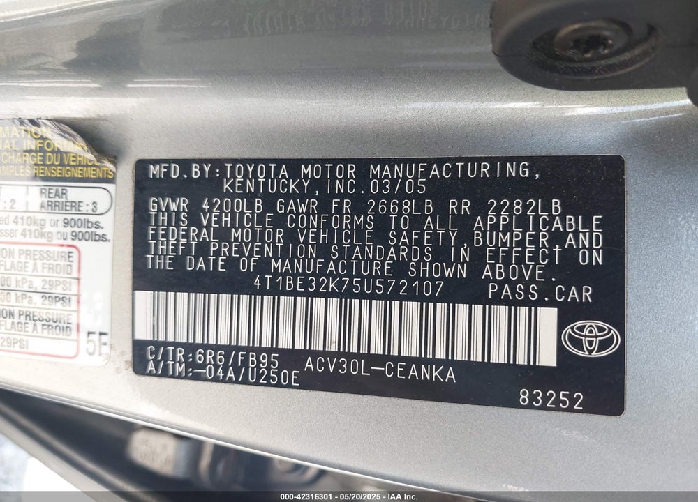 2005 TOYOTA CAMRY LE VIN: 4T1BE32K75U572107