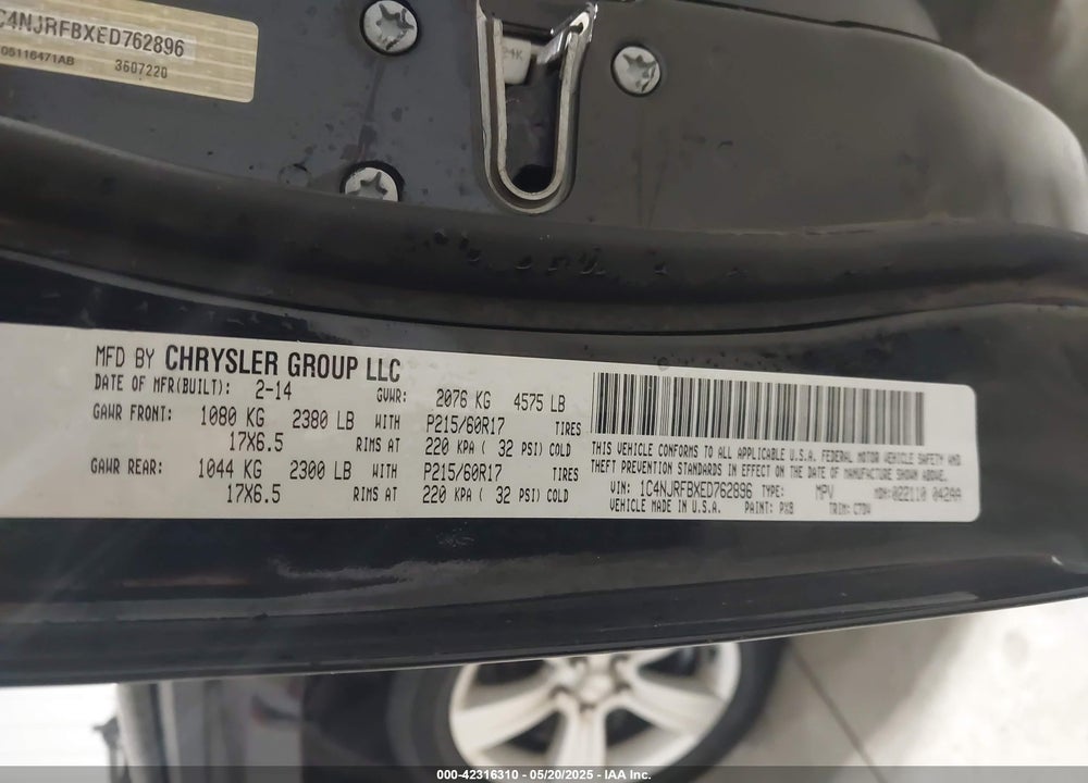 2014 JEEP PATRIOT VIN: 1C4NJRFBXED762896