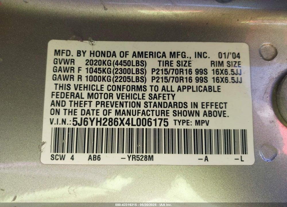 2004 HONDA ELEMENT EX VIN: 5J6YH286X4L006175
