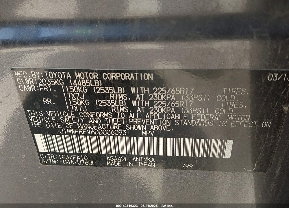 2013 TOYOTA RAV4 XLE VIN: JTMWFREV6DD006093