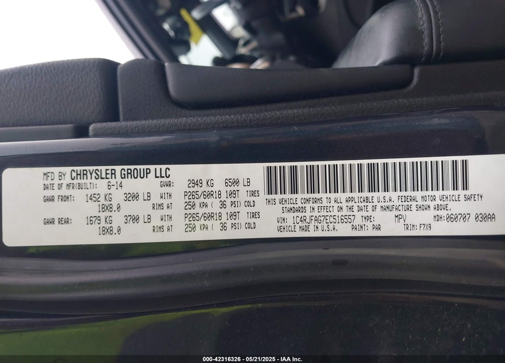 2014 JEEP GRAND CHEROKEE VIN: 1C4RJFAG7EC516557