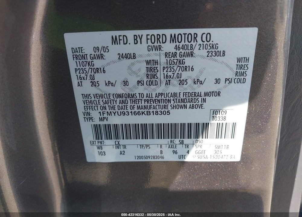 2006 FORD ESCAPE VIN: 1FMYU93166KB18305