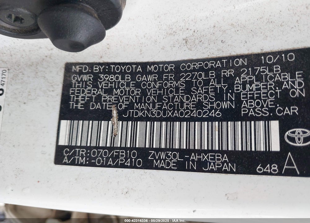 2010 TOYOTA PRIUS VIN: JTDKN3DUXA0240246