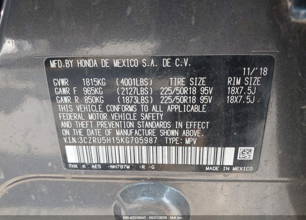 2019 HONDA HR-V VIN: 3CZRU5H15KG705987