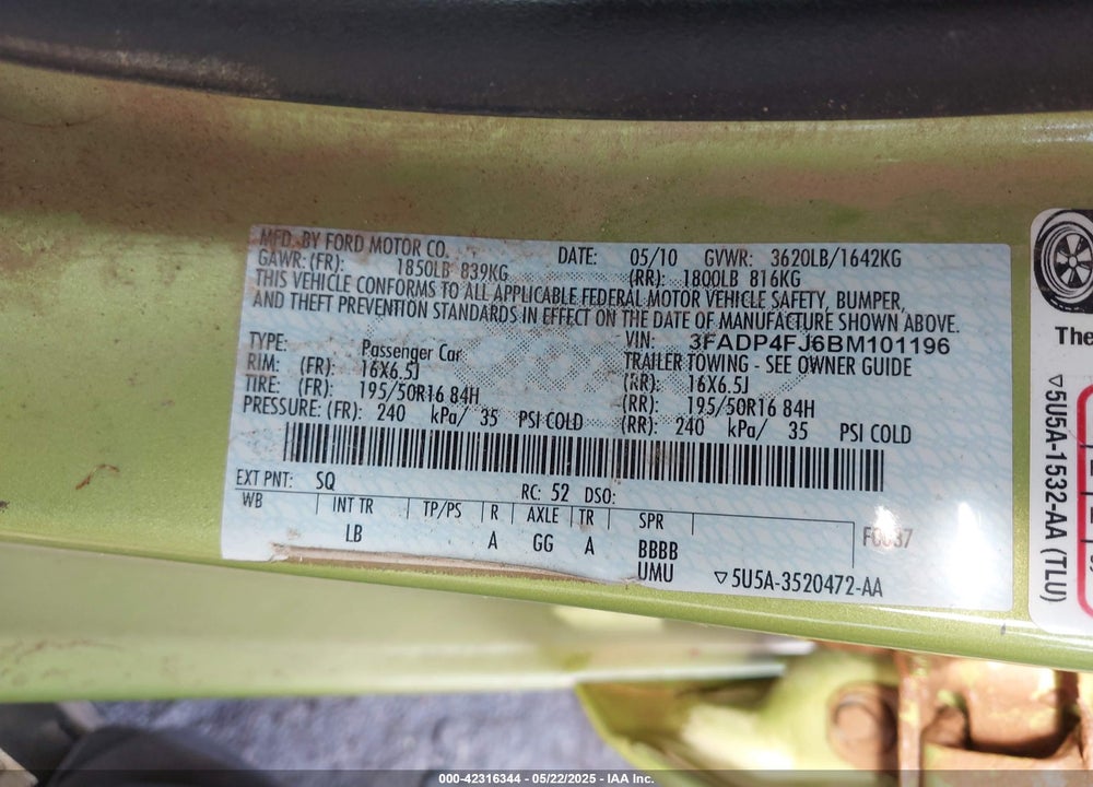 2011 FORD FIESTA SES VIN: 3FADP4FJ6BM101196
