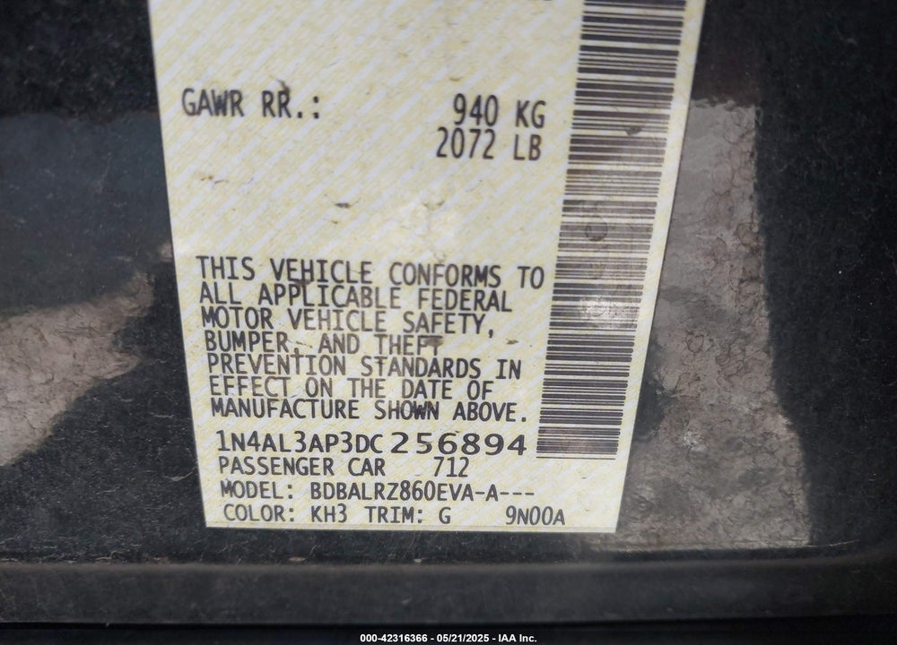 2013 NISSAN ALTIMA VIN: 1N4AL3AP3DC256894