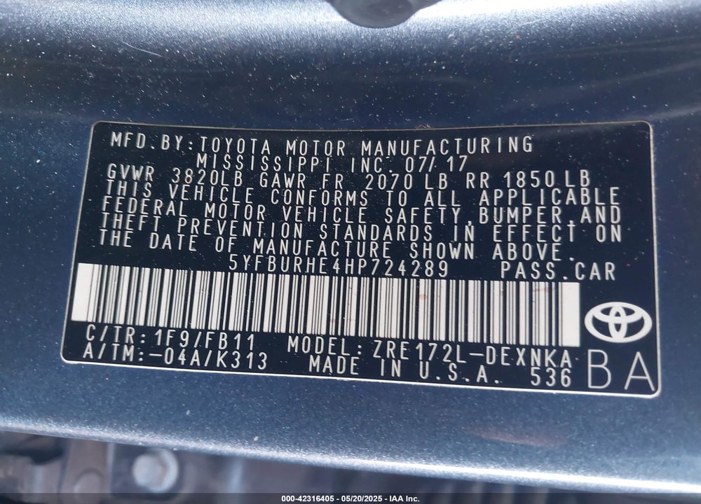 2017 TOYOTA COROLLA VIN: 5YFBURHE4HP724289