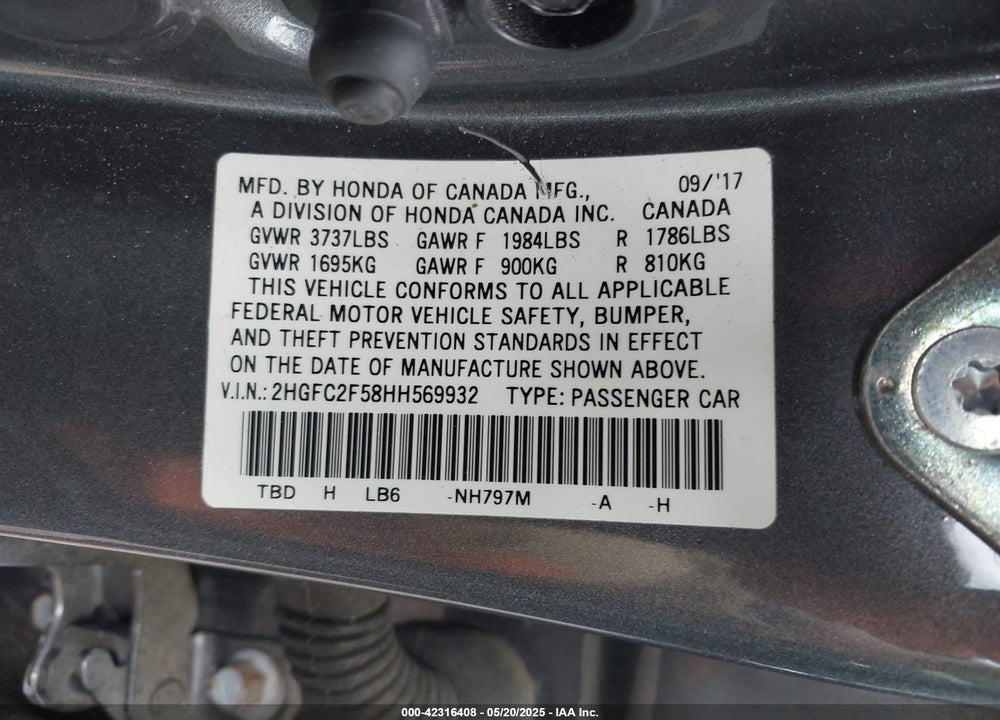 2017 HONDA CIVIC LX VIN: 2HGFC2F58HH569932
