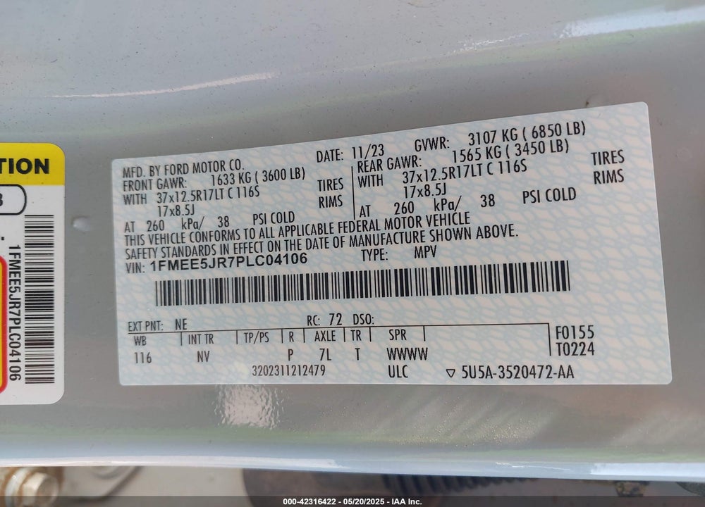 2023 FORD BRONCO RAPTOR VIN: 1FMEE5JR7PLC04106