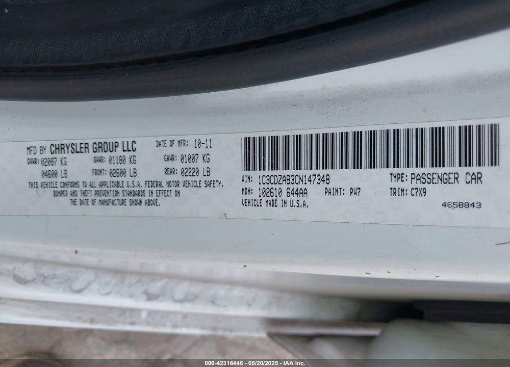 2012 DODGE AVENGER VIN: 1C3CDZAB3CN147348