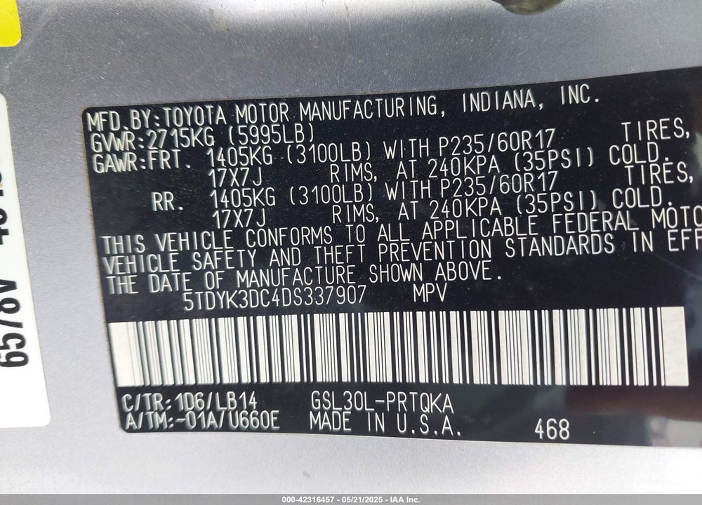 2013 TOYOTA SIENNA LIMITED V6 7 PASSENGER/XLE V6 7 PASSENGER AUTO ACCESS SEAT/XLE V6 8 PASSENGER VIN: 5TDYK3DC4DS337907