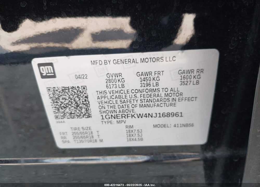 2022 CHEVROLET TRAVERSE VIN: 1GNERFKW4NJ168961