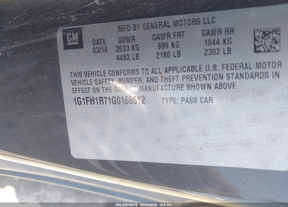 2016 CHEVROLET CAMARO VIN: 1G1FH1R71G0160612