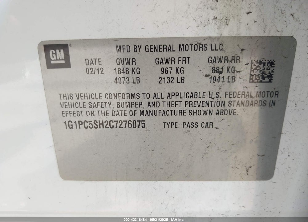 2012 CHEVROLET CRUZE VIN: 1G1PC5SH2C7276075