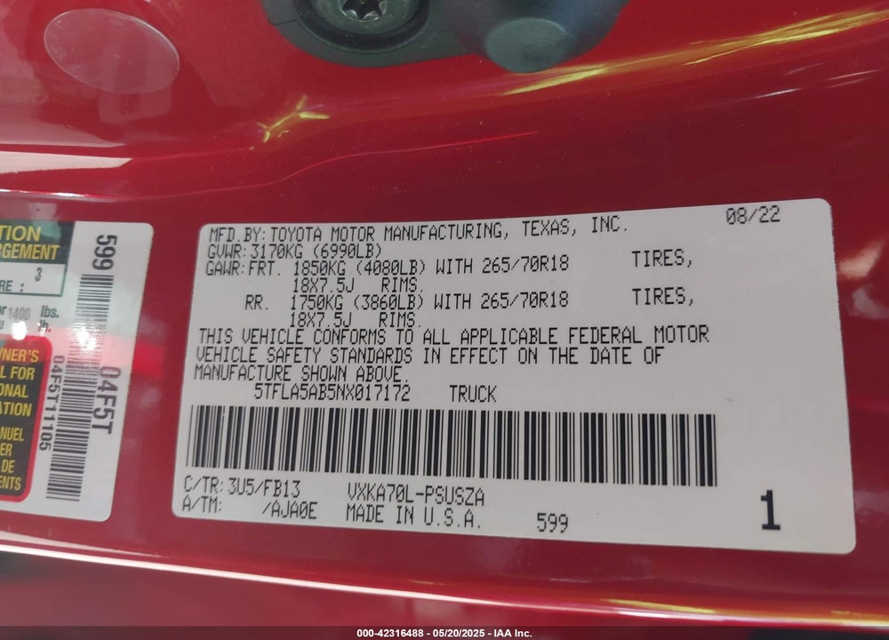2022 TOYOTA TUNDRA VIN: 5TFLA5AB5NX017172