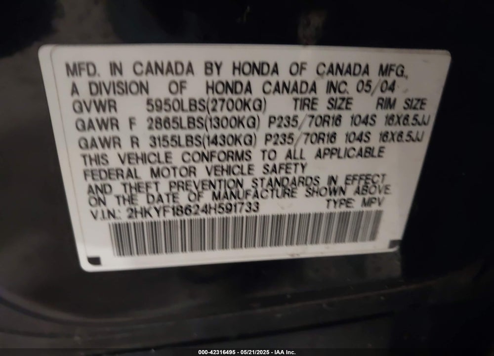 2004 HONDA PILOT EX-L VIN: 2HKYF18624H591733