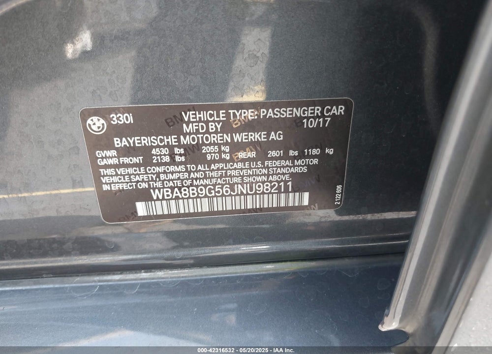 2018 BMW 330I VIN: WBA8B9G56JNU98211