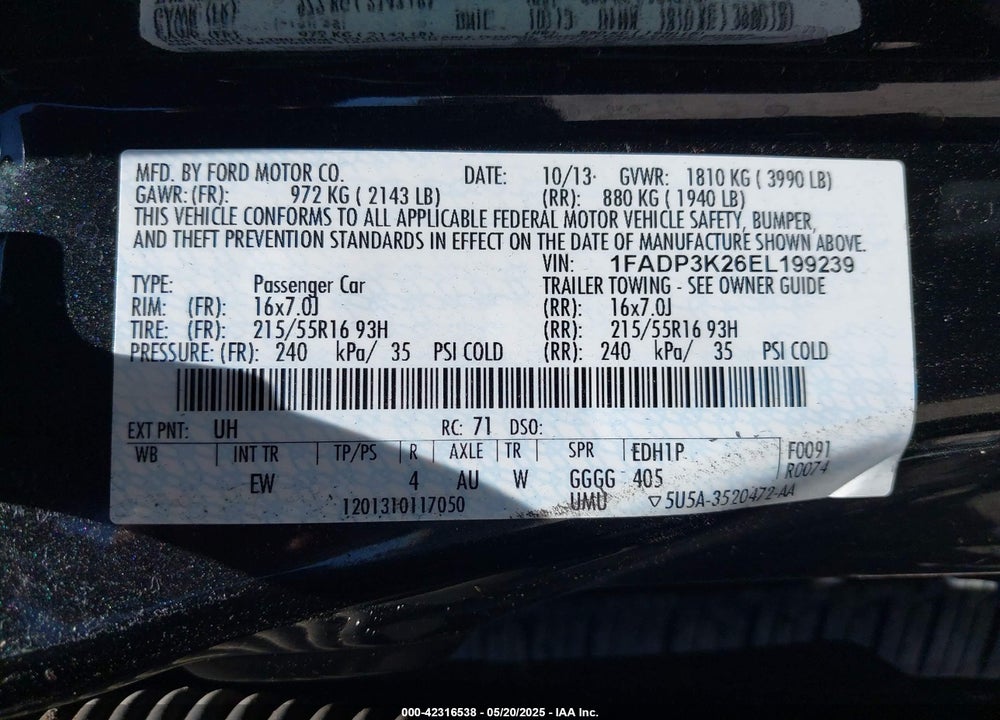 2014 FORD FOCUS VIN: 1FADP3K26EL199239