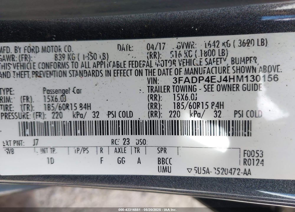2017 FORD FIESTA VIN: 3FADP4EJ4HM130156