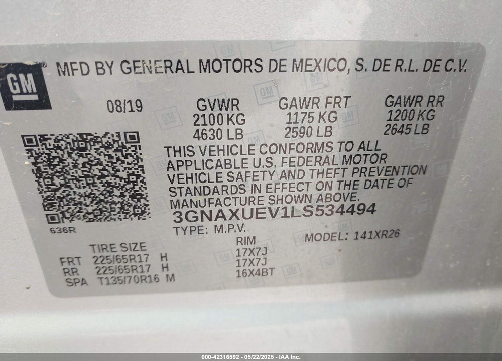 2020 CHEVROLET EQUINOX AWD LT 1.5L TURBO VIN: 3GNAXUEV1LS534494