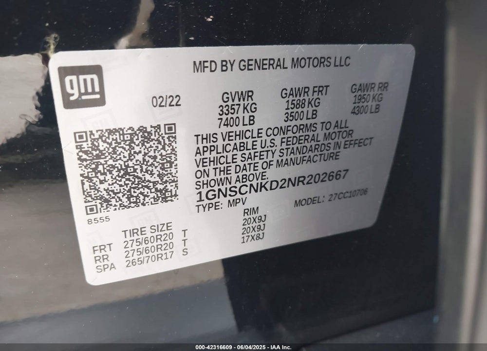 2022 CHEVROLET TAHOE VIN: 1GNSCNKD2NR202667