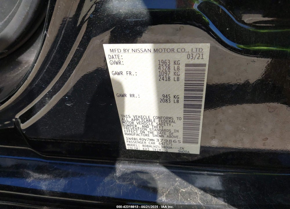 2021 NISSAN ALTIMA VIN: 1N4BL4DV7MN379865