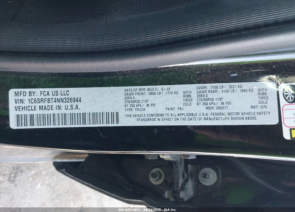 2022 RAM 1500 VIN: 1C6SRFBT4NN326944