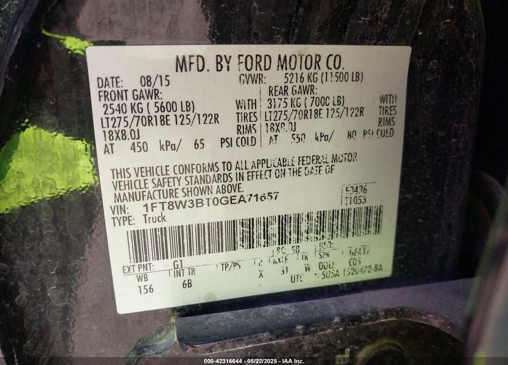 2016 FORD F-350 LARIAT VIN: 1FT8W3BT0GEA71657