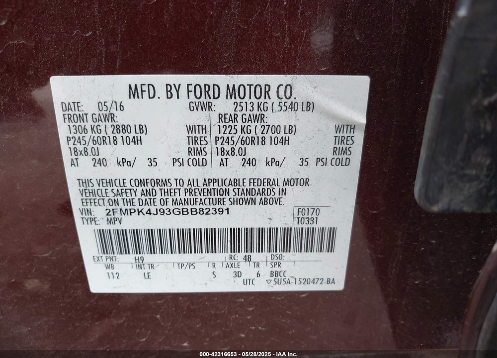 2016 FORD EDGE VIN: 2FMPK4J93GBB82391