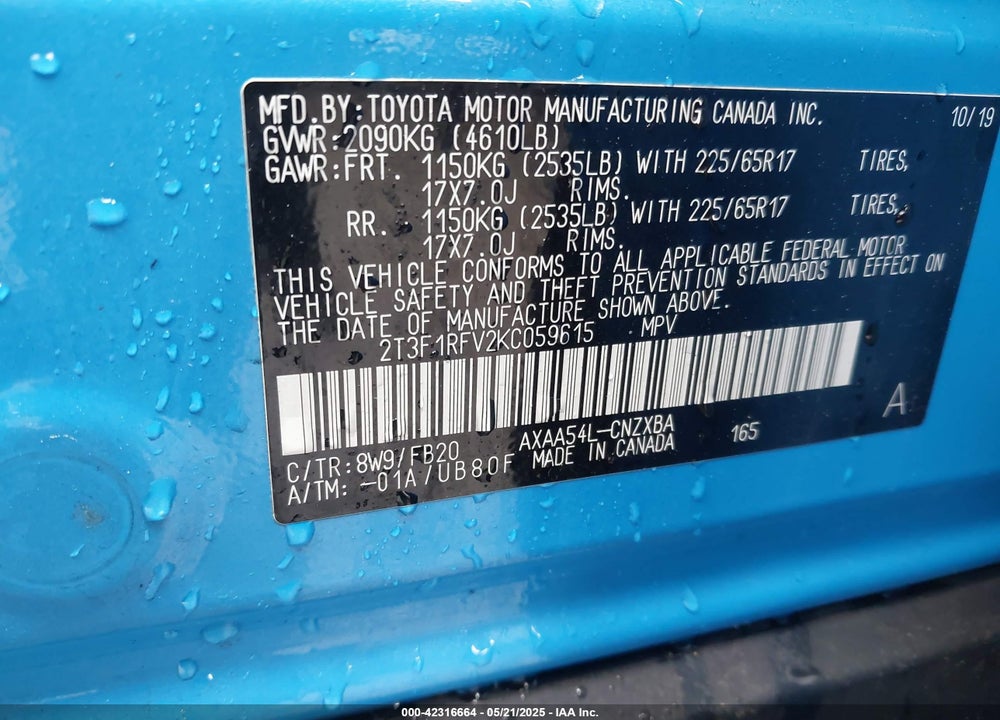 2019 TOYOTA RAV4 VIN: 2T3F1RFV2KC059615