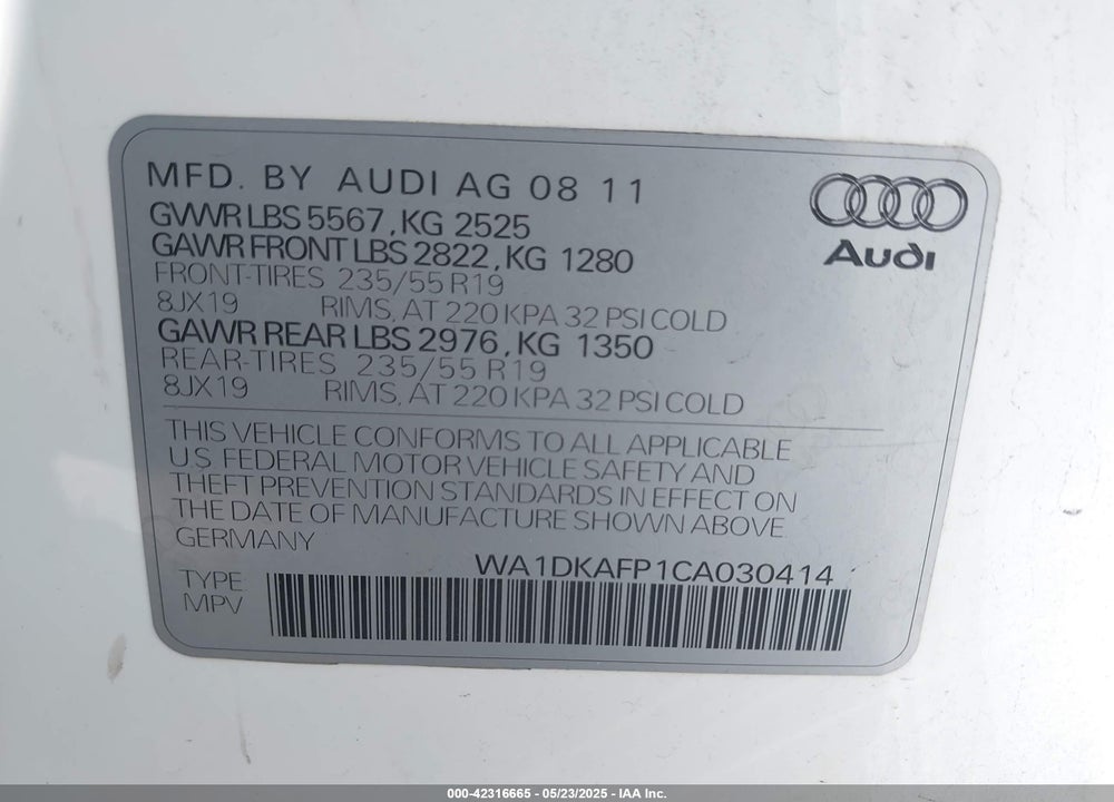2012 AUDI Q5 VIN: WA1DKAFP1CA030414