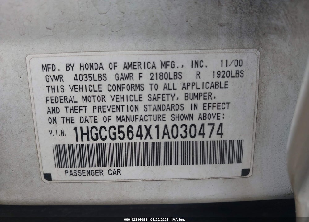 2001 HONDA ACCORD 2.3 LX VIN: 1HGCG564X1A030474