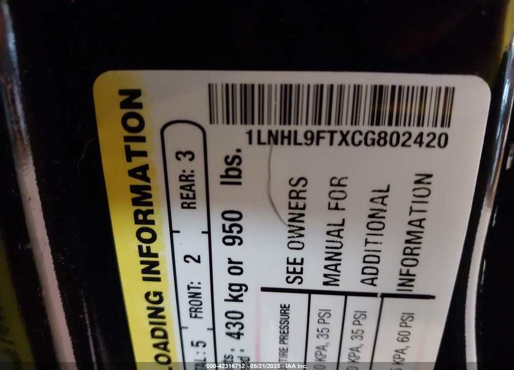 2012 LINCOLN MKS VIN: 1LNHL9FTXCG802420