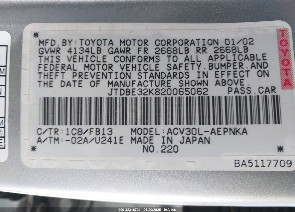 2002 TOYOTA CAMRY VIN: JTDBE32K820065062