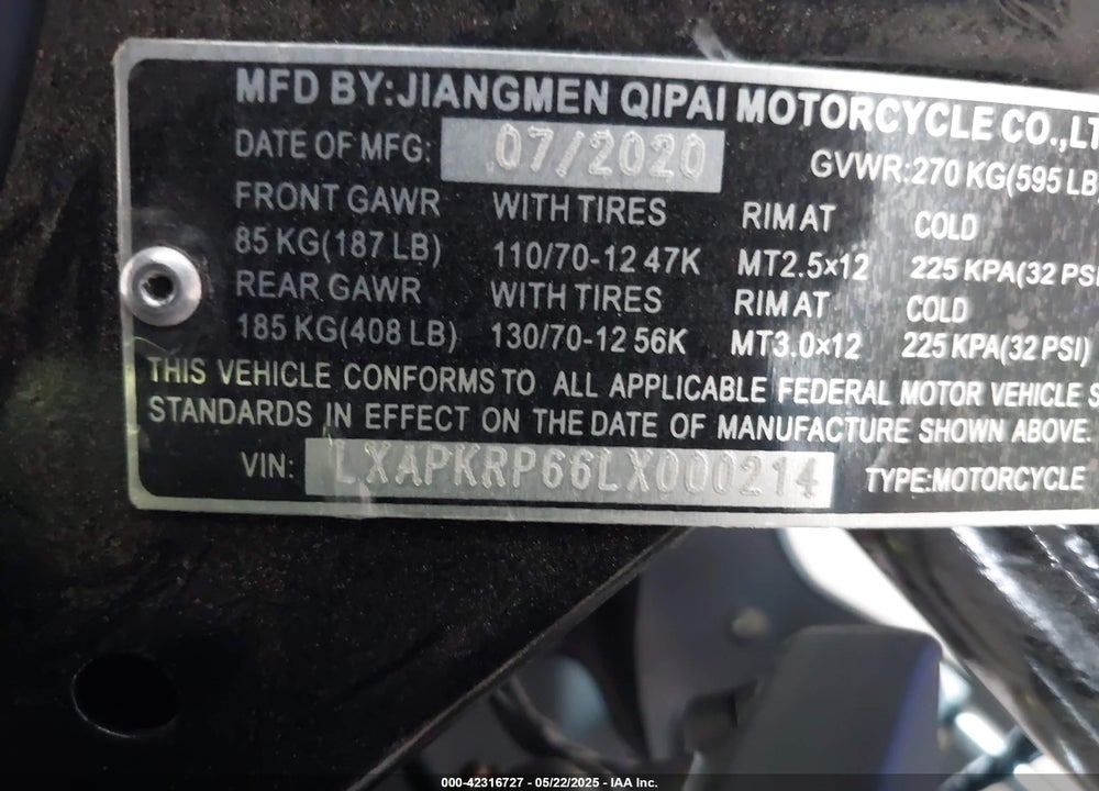 2020 JIANGMEN MC SL22A VIN: LXAPKRP66LX000214
