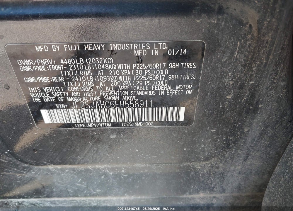 2014 SUBARU FORESTER VIN: JF2SJAHC6EH558911
