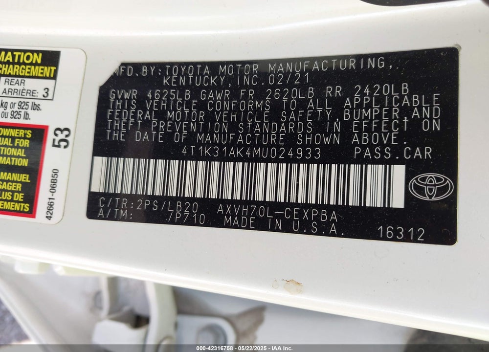 2021 TOYOTA CAMRY VIN: 4T1K31AK4MU024933