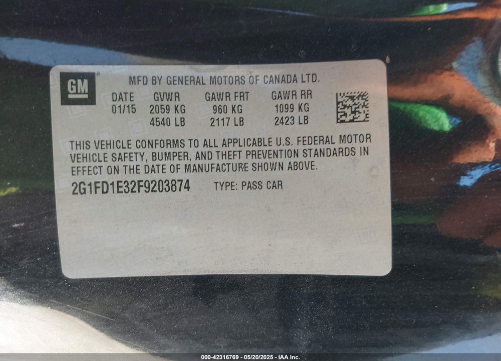 2015 CHEVROLET CAMARO 1LT VIN: 2G1FD1E32F9203874