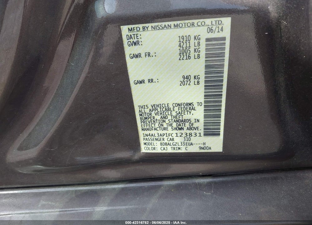 2015 NISSAN ALTIMA 2.5 S VIN: 1N4AL3AP1FC123831