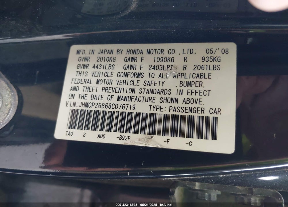 2008 HONDA ACCORD VIN: JHMCP26868C076719