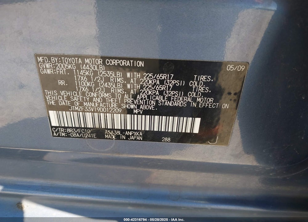 2009 TOYOTA RAV4 VIN: JTMZF33V19D012209