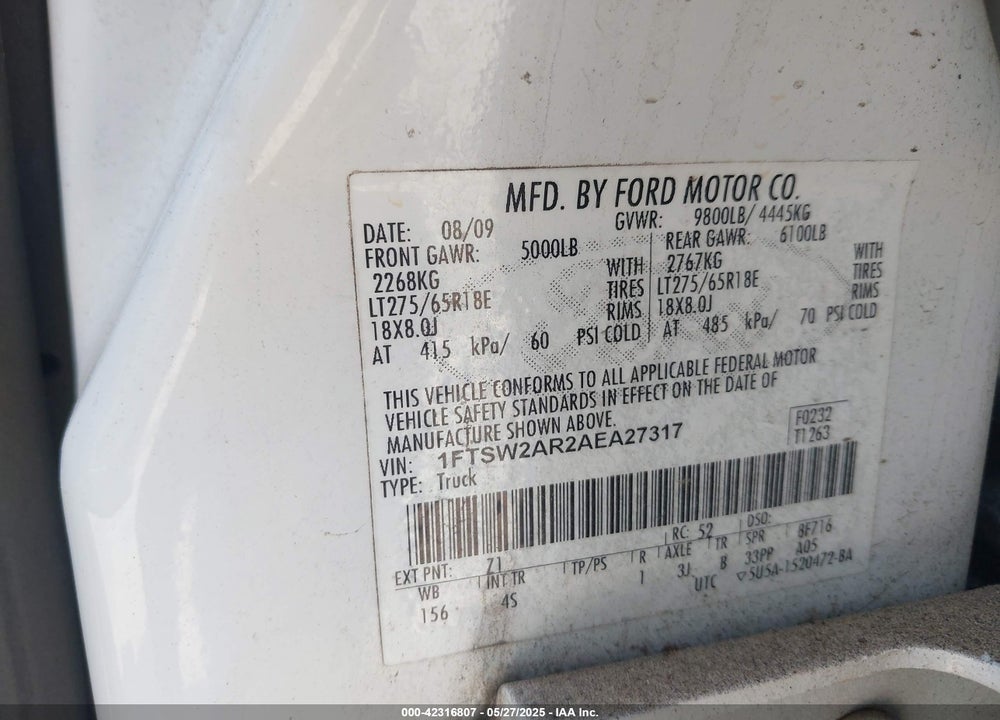 2010 FORD F-250 VIN: 1FTSW2AR2AEA27317